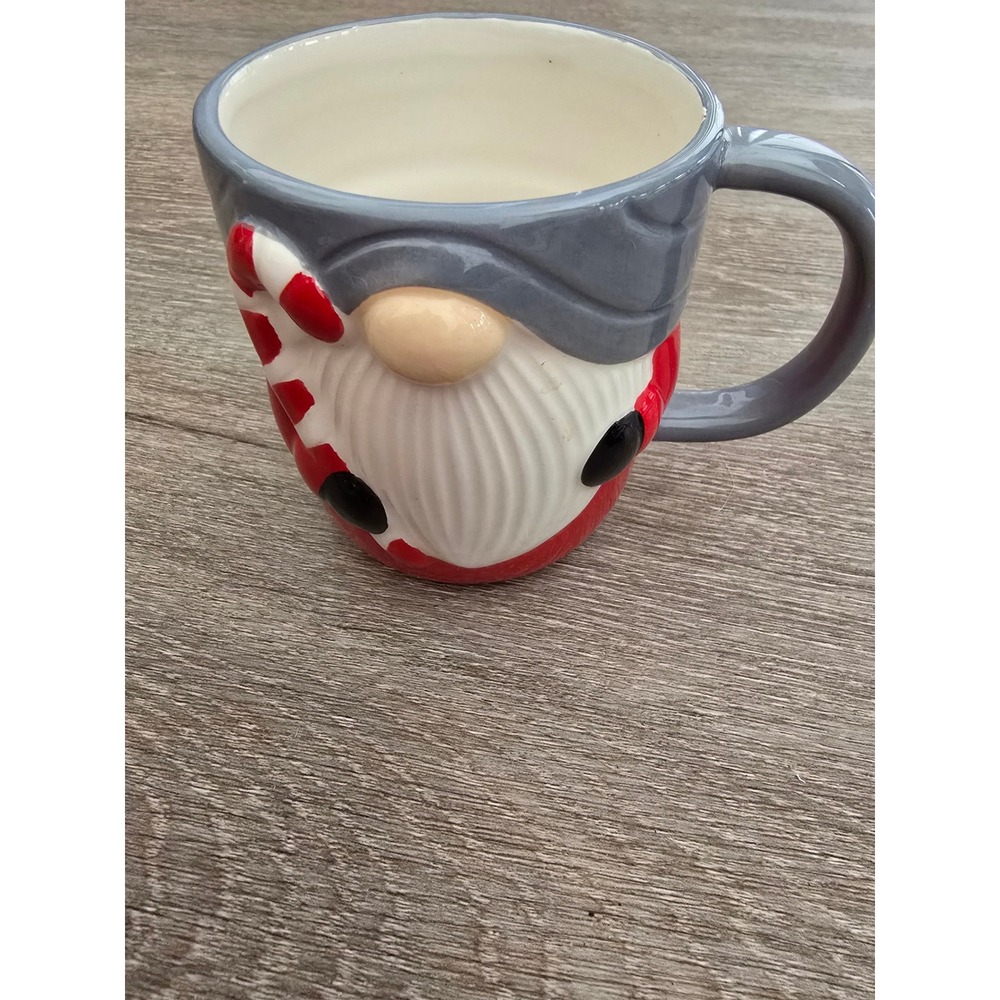 Christmas Gnome 3D Sculpted Ceramic Coffee Mug Red Grey Holiday Candy Cane Decor